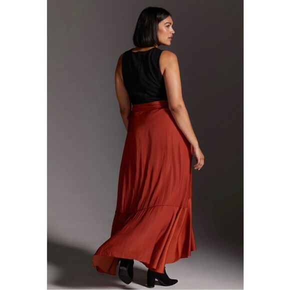 NEW Anthropologie Maeve Dark Orange Ruffled Silky Wrap Tie Maxi Skirt Plus 1X - Picture 5 of 5